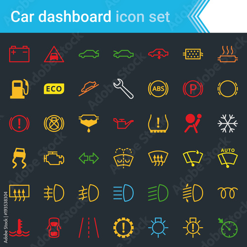 Colorful car dashboard interface and indicators icon set - service maintenance vector symbols