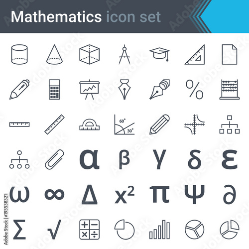 Mathematics line icon set - abacus, ruler, calculator, chart, pi, triangle, sinusoid