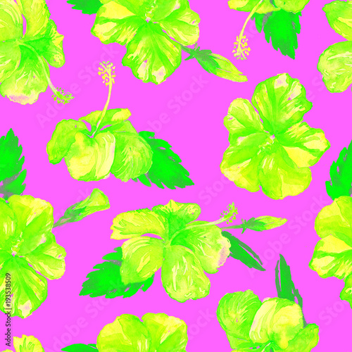 Watercolor Seamless Pattern. Hand Painted Illustration of Tropical Leaves and Flowers. Tropic Summer Motif with Hibiscus Pattern.
