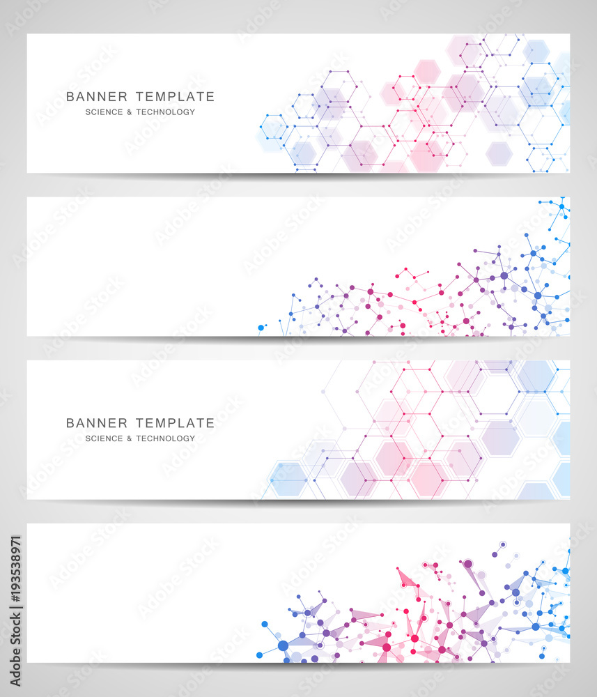 Technological and scientific banners with hexagonal molecule.