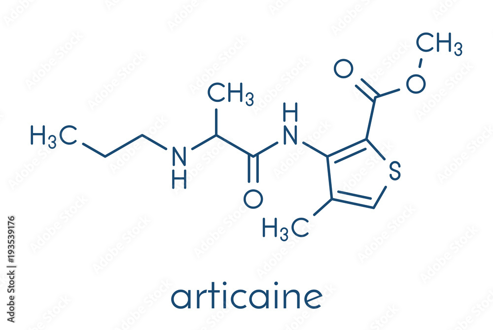 Articaine local anesthetic drug molecule. Skeletal formula. Articaine local anesthetic drug molecule. Skeletal formula.