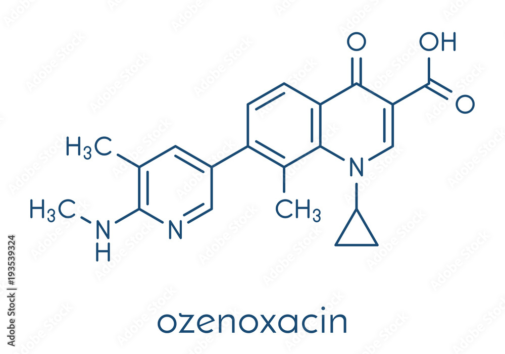 Ozenoxacin antibiotic drug molecule, used in treatment of impetigo. Skeletal formula.