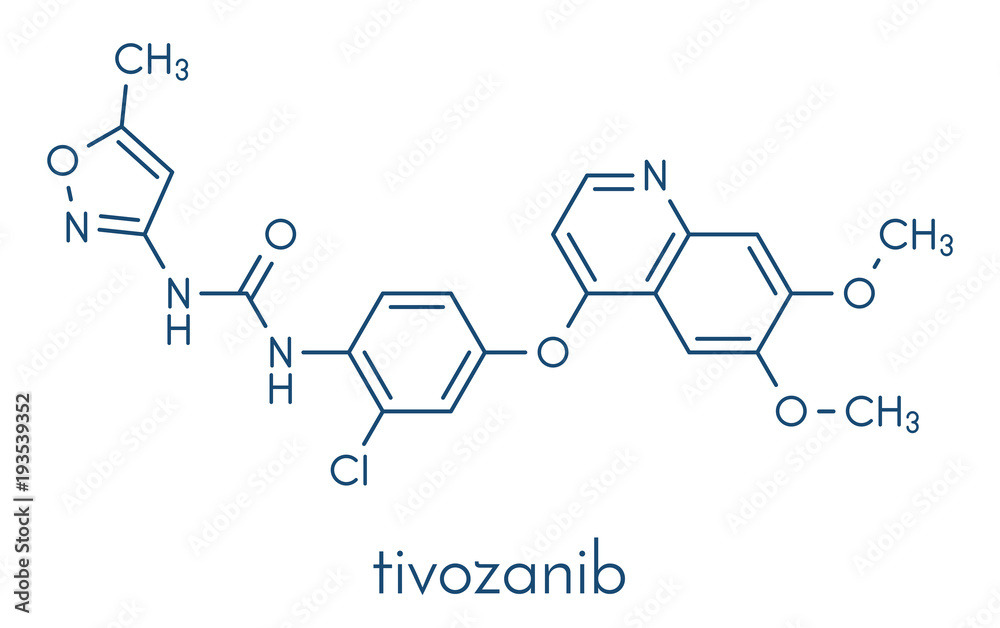 Tivozanib cancer drug molecule. Skeletal formula. Tivozanib cancer drug molecule. Skeletal formula.