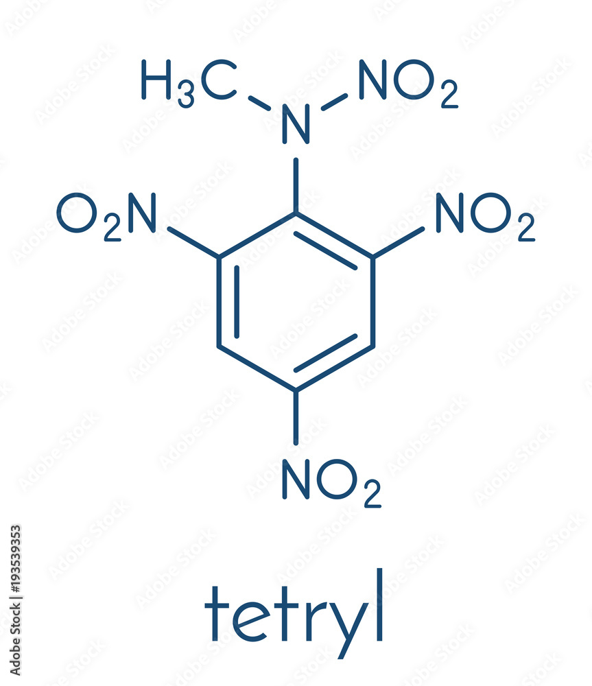 Tetryl explosive molecule. Skeletal formula. Tetryl explosive molecule. Skeletal formula.