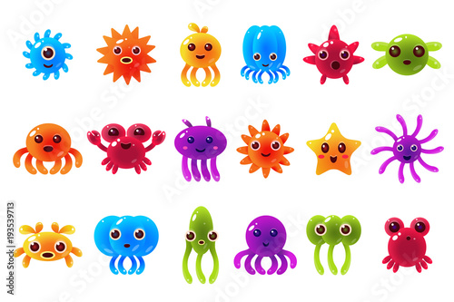 Cute cute seta creatures sett with different emotions, colorful glossy underwater animals characters with funny faces vector Illustrations