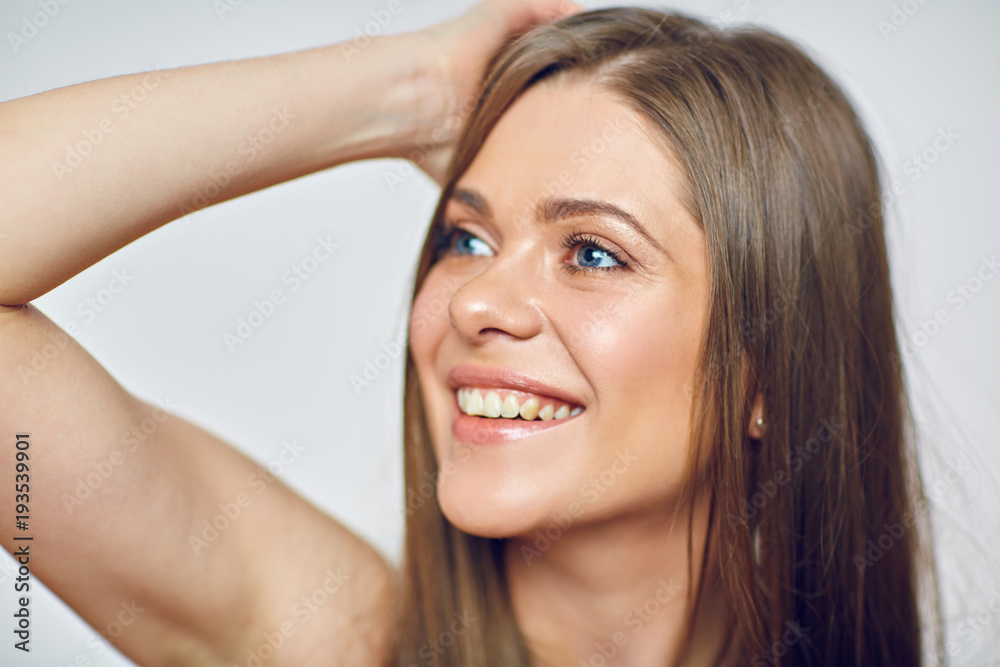 Smiling woman show healthy teeth. Smiling woman show healthy teeth.
