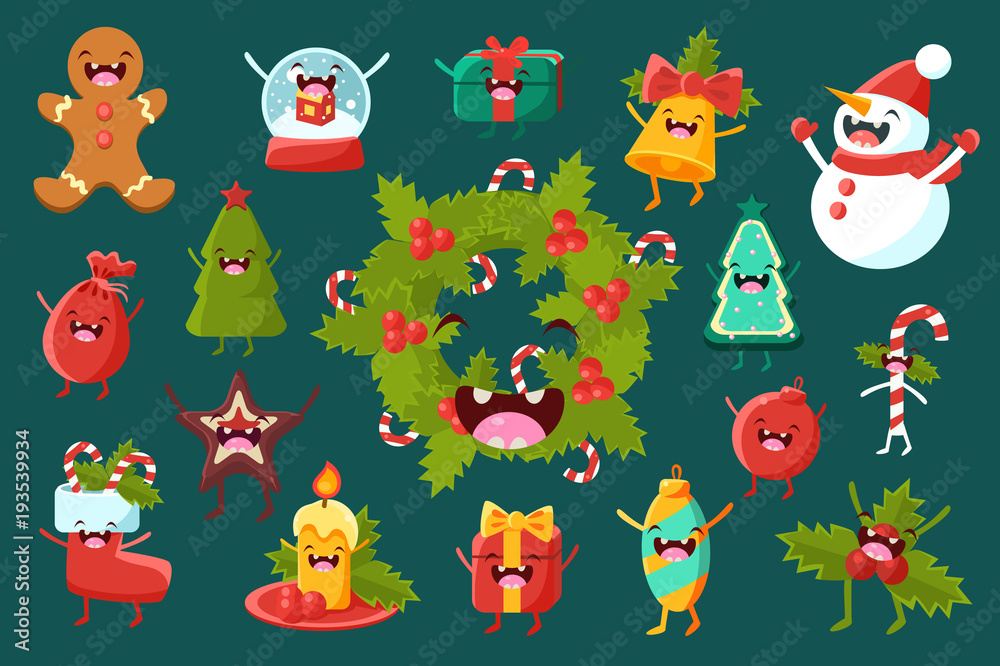 Christmas symbols comic characters sett, Happy New Year holiday decoration elements with funny faces vector Illustrations