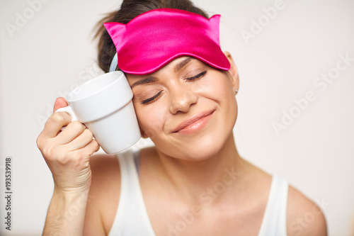 Morning concept portrait, smiling woman with closed eyes