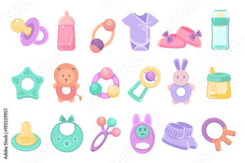 Toys and accessories for baby sett  newborn infant care  feeding and clothing vector Illustrations on a white background