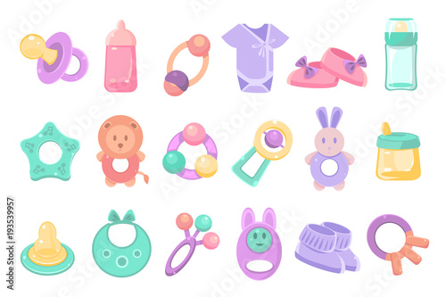Toys and accessories for baby sett, newborn infant care, feeding and clothing vector Illustrations on a white background