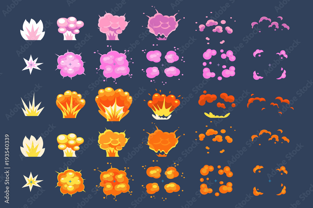 Cartoon explosions effect with smoke sett, fire explosion effect, clouds of smoke and fire vector Illustrations