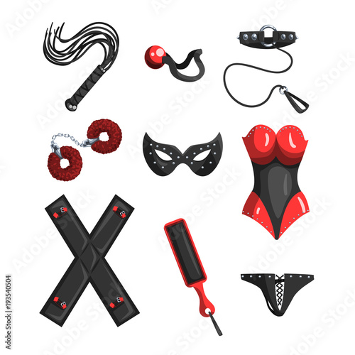 Fetish stuff for role playing and bdsm sett of vector Illustrations on a white background