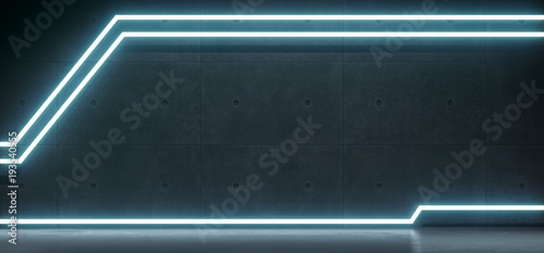 3D Rendering Of Realistic Concrete Room With Modern Line Neon Lights