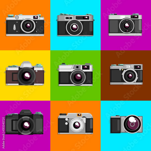 Camera sett, retro photo cameras on colored backgrounds vector Illustrations