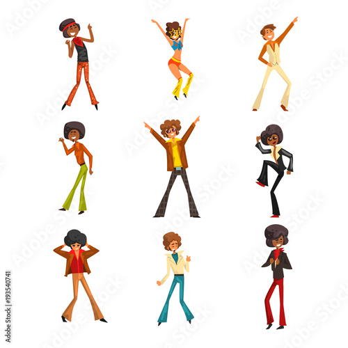 Male dancer moving body at music party, retro disco dancers sett of vector Illustrations on a white background