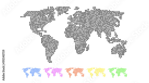 Fototapeta Naklejka Na Ścianę i Meble -  Set of colored world maps isolated on white background. Abstract dotted templates with dots for web design, brochure, flyer, annual report, banner, infographic. Global concept, vector illustration.