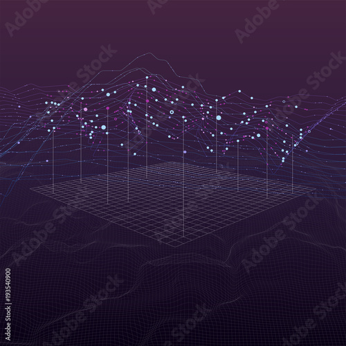 Big data stream futuristic infographic on digital cyber surface. Quantum computing, cryptography, trendy technologies infographic. 3D Bigdata visualization. Abstract visual data vector design.