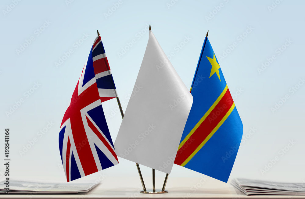 Flags of United Kingdom and Democratic Republic of the Congo (DRC, DROC, Congo-Kinshasa) with a white flag in the middle