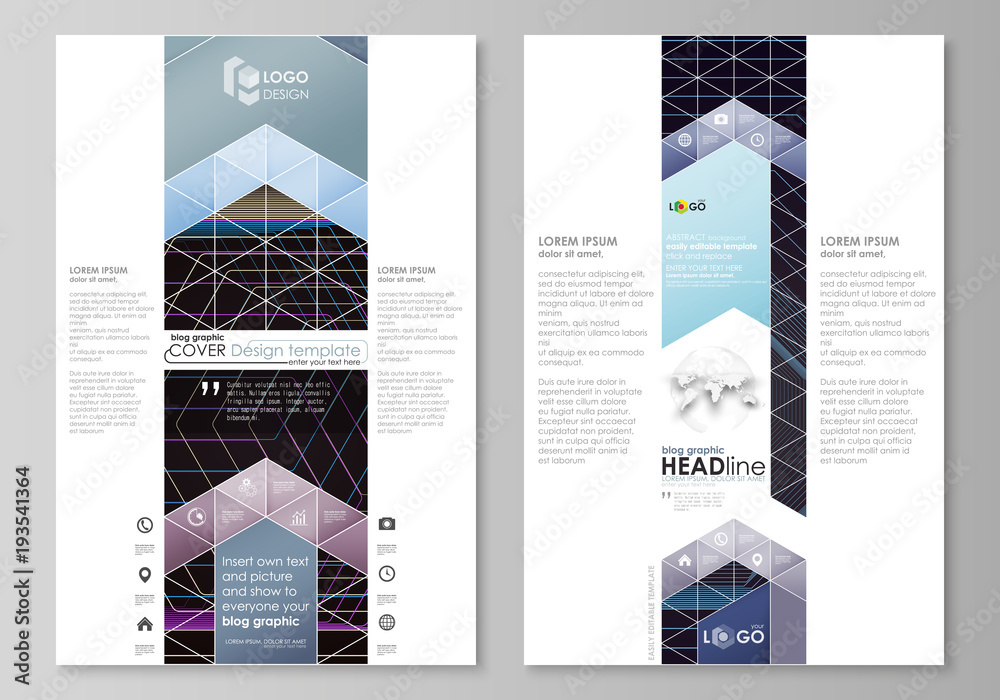 Blog graphic business templates. Page website design template, vector layout. Abstract polygonal background with hexagons, illusion of depth and perspective. Black color geometric hexagonal design.