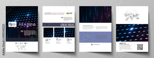 Business templates for brochure, magazine, flyer, booklet. Cover template, layout in A4 format. Abstract colorful neon dots, dotted background. Glowing particles, led light pattern, vector design.