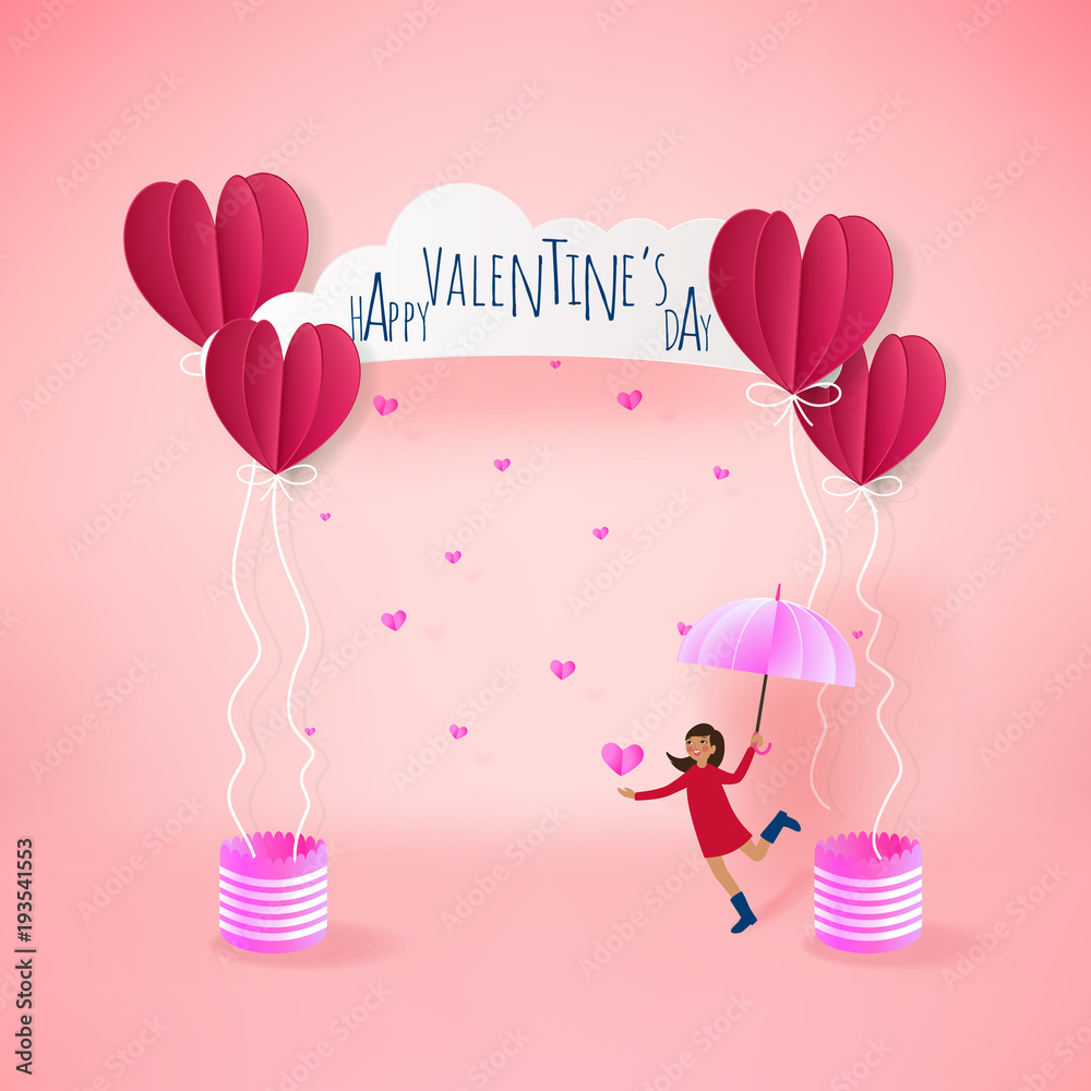 love Invitation card Valentine's day balloon heart on pink bacground with text happy valentines day and young girl joyful,clouds, paper cut red heart. Vector illustration