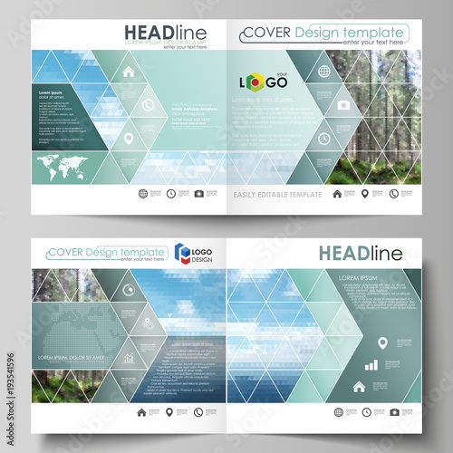 Templates for square design bi fold brochure, flyer. Leaflet cover, vector layout. Colorful background made of triangular or hexagonal texture, travel business, natural landscape in polygonal style.