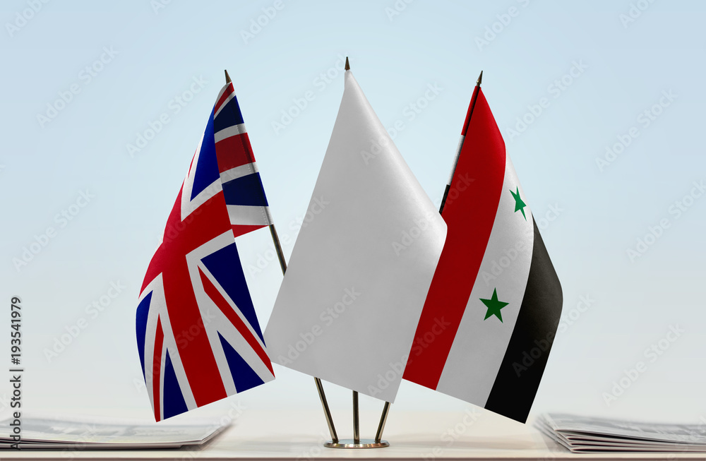 Flags of United Kingdom and Syria with a white flag in the middle