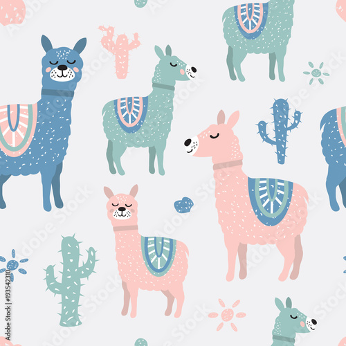 Fototapeta Childish seamless pattern with cute llama and cactus