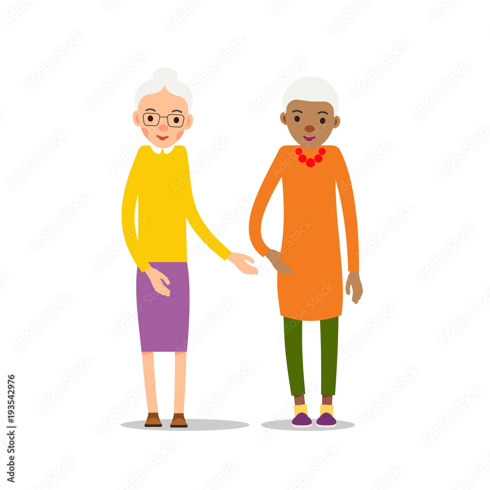 Old woman. Two senior - European and African American elder women stand, cartoon illustration isolated on white background in flat style. Full length portrait of old ladies, senior or grandmother