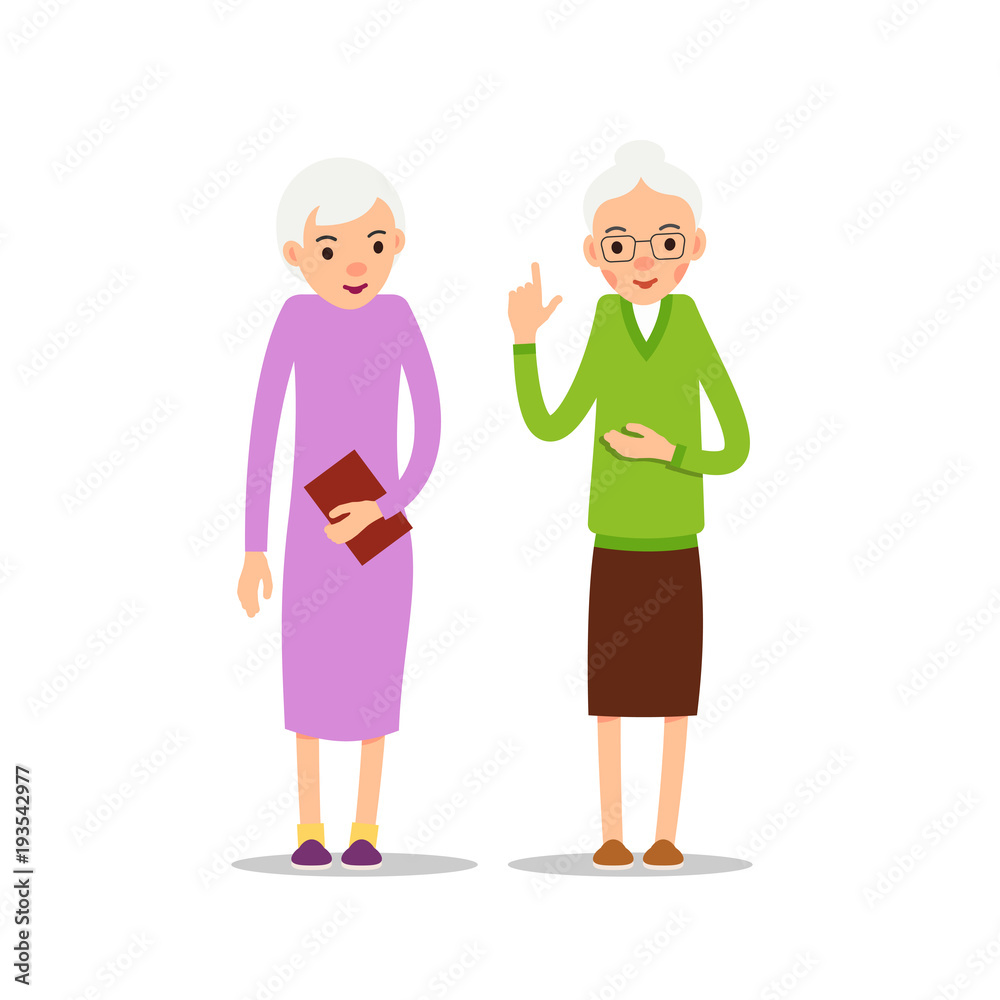 Old woman. Two senior, elder women stand. Illustration isolated on white background in flat style. Full length portrait of old ladies, senior or grandmother