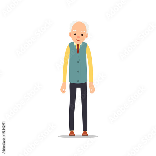 Old man. Elderly man is stand and keeps drooping hands. Cartoon illustration isolated on white background in flat style. Full length portrait of old human, senior or grandfather