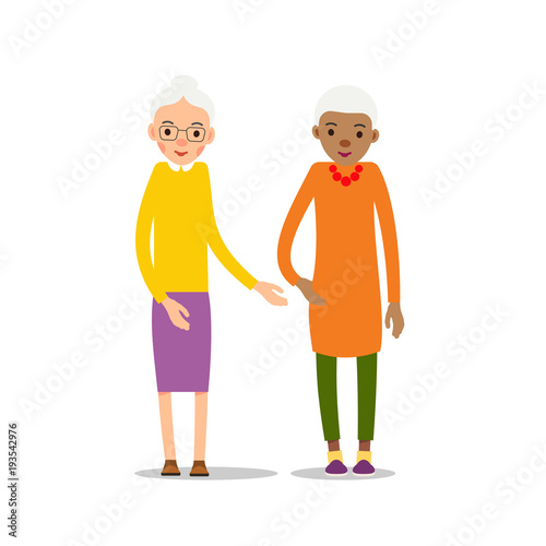 Old woman. Two senior - European and African American elder women stand, cartoon illustration isolated on white background in flat style. Full length portrait of old ladies, senior or grandmother