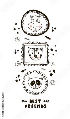 Fototapeta Naklejka Na Ścianę i Meble -  Funny card with cute face animals and lettering Best friends!