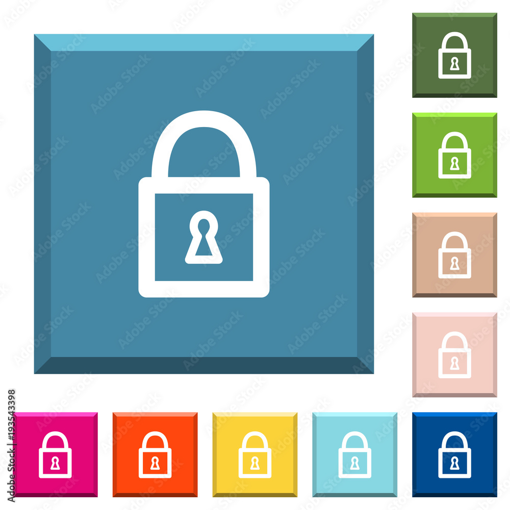 Locked padlock with keyhole white icons on edged square buttons Locked padlock with keyhole white icons on edged square buttons