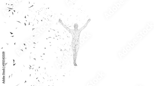 Conceptual abstract man with hands pointing up. Connected lines, dots, triangles, particles on white background. Artificial intelligence concept. High technology vector digital background. © Raevsky Lab