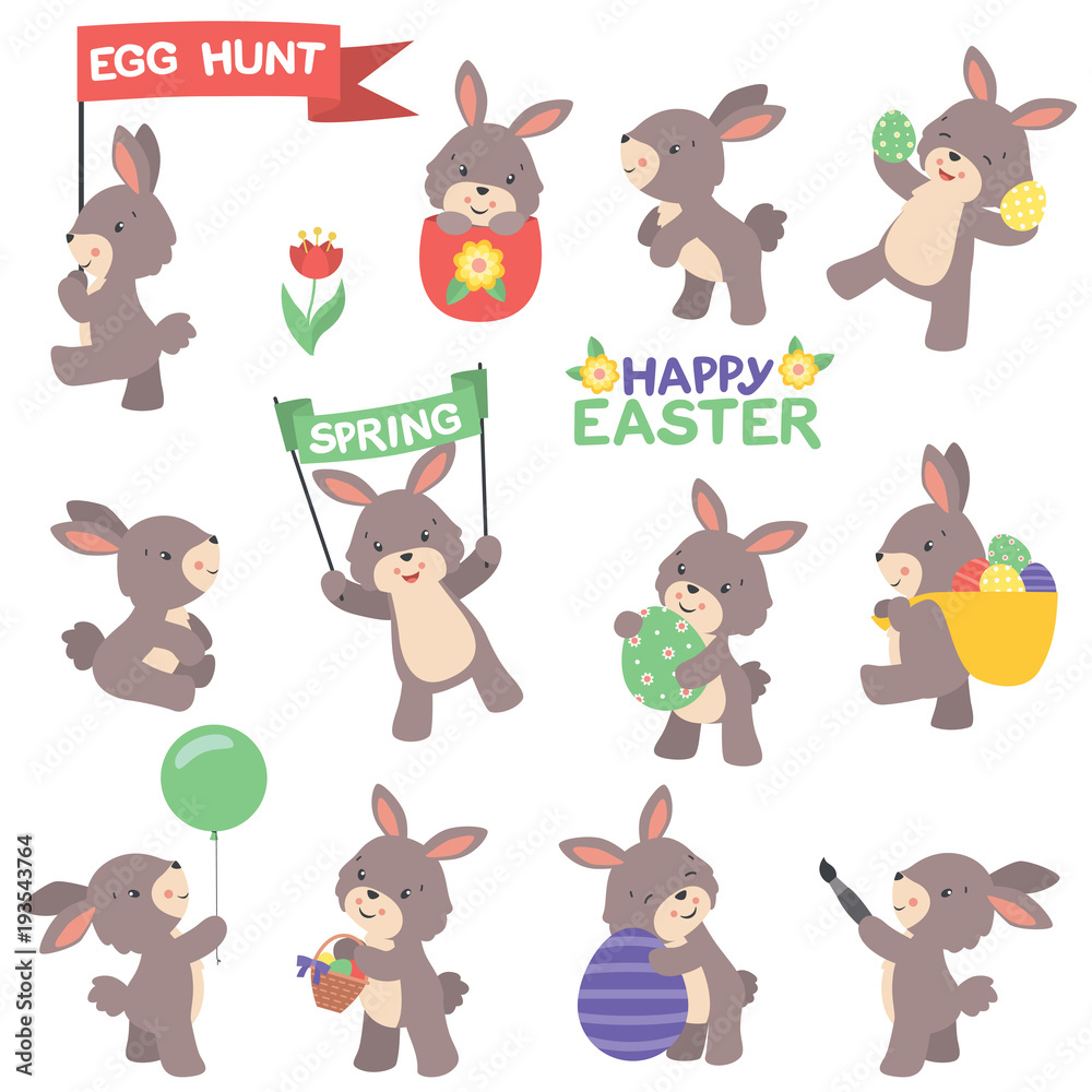 Fototapeta premium Cute Cheerful Easter Bunny Spring Design Elements Set Vector Flat Illustration Isolated on White