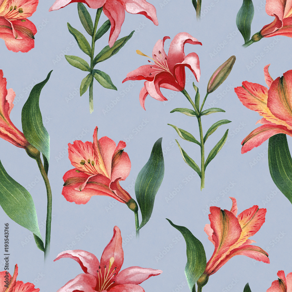 Watercolor illustrations of lily flowers. Seamless pattern Watercolor illustrations of lily flowers. Seamless pattern