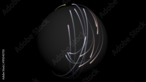 Abstract colorful glowing rays of light enveloping the sphere on black background. Hi-res illustration for your brochure, flyer, banner designs and other projects. 3D render illustration.