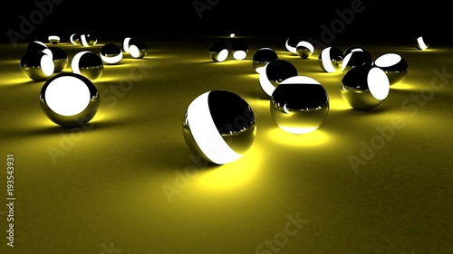Neon balls on a dark background. Abstract chaotic glowing spheres. Futuristic background. Hi-res illustration for your brochure, flyer, banner designs and other projects. 3d render illustration