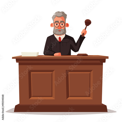 Judge character with hammer. Cartoon vector illustration