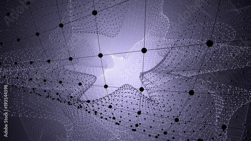 Molecule model with connected lines with dots on dark background. Medicine, technology, chemistry or science background. Scientific or medical background with molecules and atoms. 3d illustration.