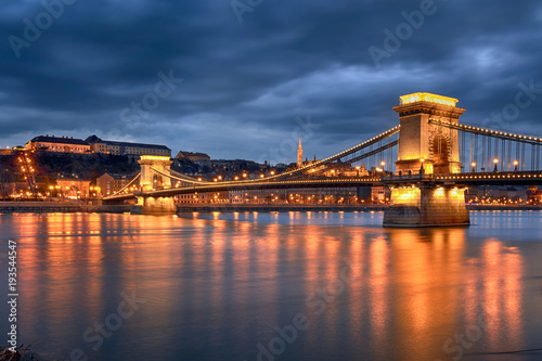 Highlighted Chain bridge in Budapest at night