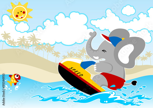 Funny elephant cartoon on speedboat 