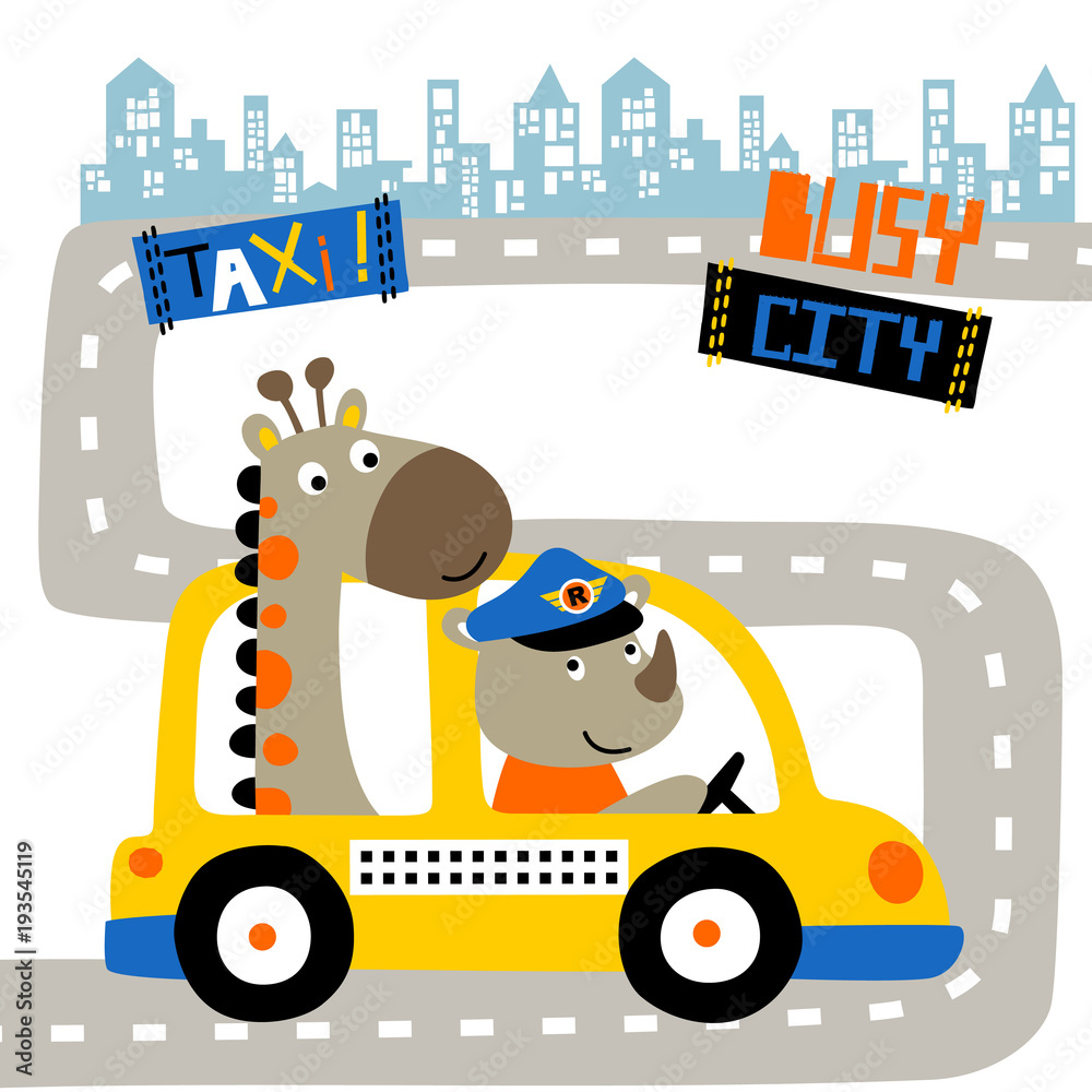 Yellow taxi cartoon with funny animals Stock Vector | Adobe Stock