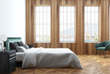 Wooden bedroom, three windows