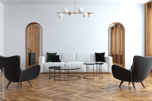 White living room, white sofa, armchairs