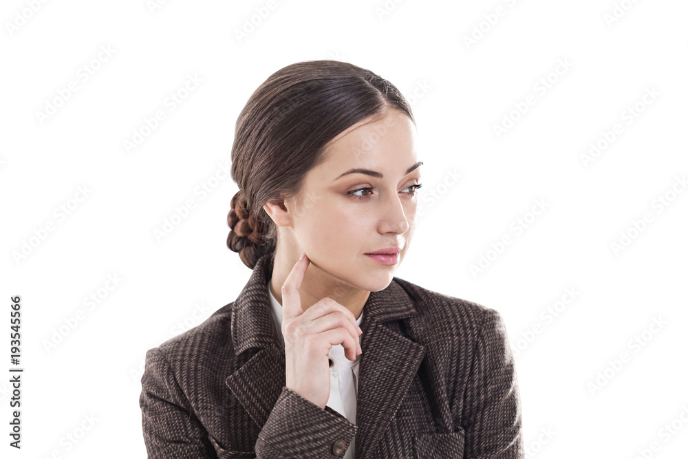 Thoughtful young brunette looking sideways isolate Thoughtful young brunette looking sideways isolate
