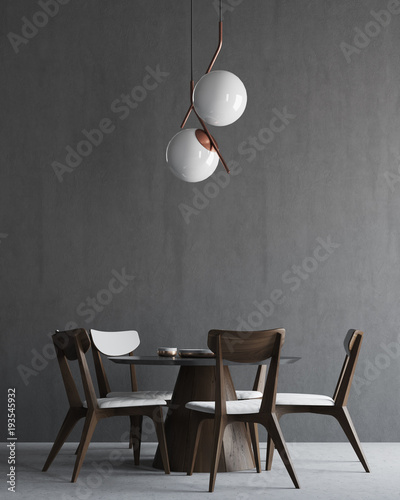 Gray and wooden minimalistic dining room interior photo