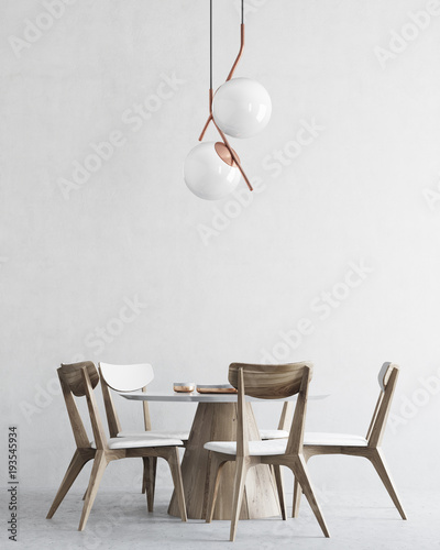 White and wooden minimalistic dining room interior photo