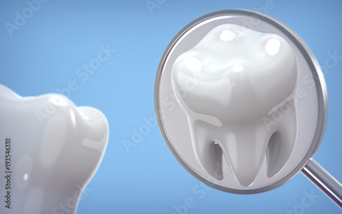 Dental model of tooth and dental equipment, 3d rendering on blue backgroun. 3d illustration as a concept of dental examination teeth, dental health and hygiene photo